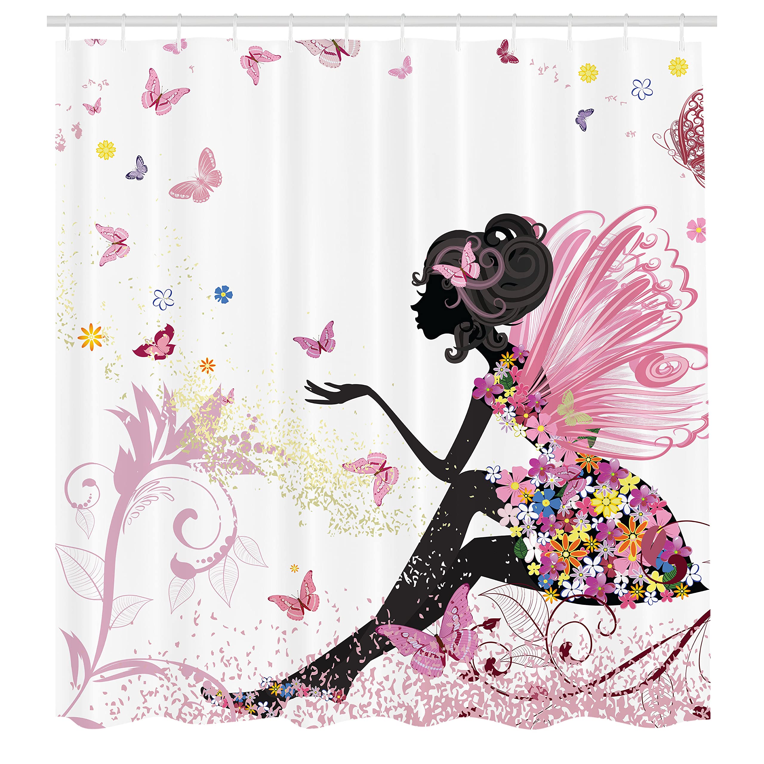Ambesonne Fantasy Shower Curtain, Girl Silhouette In A Floral Dress Surreal Garden Flying Butterflies Print, Cloth Fabric Bathro